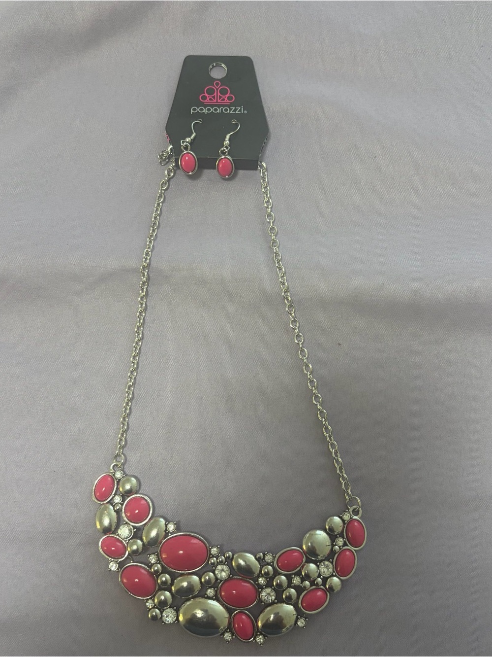 paparazzi Silver-Tone Necklace with Pink Cabochons and Earrings